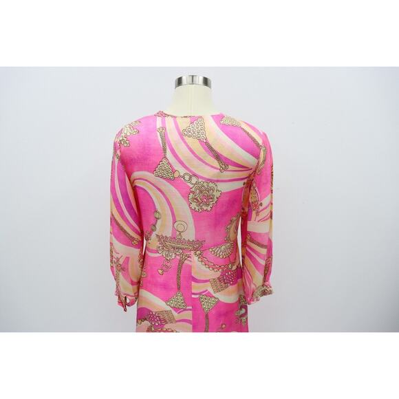 Vintage DELA-ANN Novelty Pink Glam Jewelry Print Lounge Kaftan Dress 1960's M - Picture 12 of 16